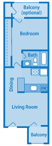 Floor plan for 1 bed, 1 bath, 535 sqft